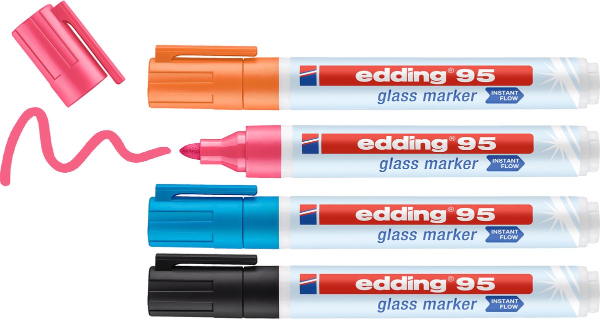 Set de marqueurs pour verre Edding 95 4 s - assortiment de 4 pièces : noir, orange, rose, bleu clair - utilisable directement sans système de pompe - 1,5-3 mm