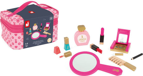 Janod - trousse de beauté p'tite miss - comprenant 9 accessoires en bois - maquillage jouet - trousse avec fermeture éclair pour emporter vos jouets partout - dès 3 ans