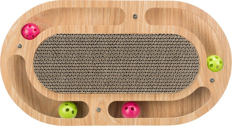 Carton à gratter Trixie - avec jouets - bois - avec herbe à chat - 46x25x4 cm