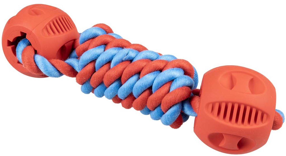 Duvo plus jouet en corde de jeu haltère rubrop avec 2 balles pour chiens 22x7x7cm rouge