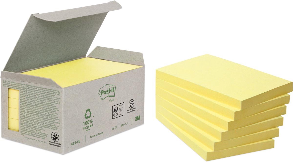 Bloc-notes Post-it 655-1b recyclé 76x127mm jaune canari 6 pièces