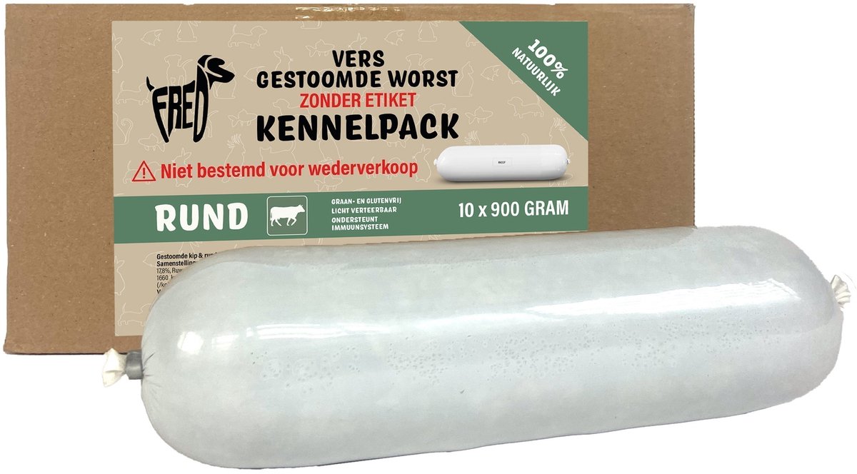 Freds - nourriture pour chien - viande fraîche cuite à la vapeur - saucisses - pack chenil - bœuf blé et sans gluten - 10x900 gr