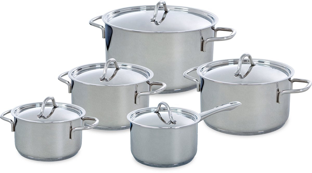 Set de poêles profiline Bk 5 pièces - 16 18 20 24cm - 1,6 2,5 3,5 6l - sans revêtement antiadhésif sans PFA - set de poêles en inox - poêle à induction - passe au four jusqu'à 230°c - avec couvercle - argent