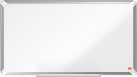 Tableau blanc magnétique grand écran Nobo premium plus en acier - avec plumier - avec marqueur pour tableau blanc - 710x400 mm