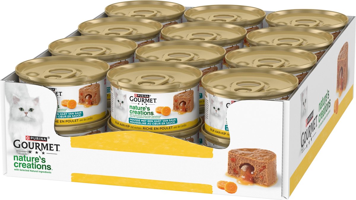 Mousse créations gourmandes nature - 24 x 85 g - poulet et carotte - coeur de sauce - nourriture humide pour chat