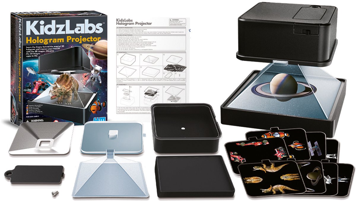 4m science et jeux - fabriquer un projecteur d'hologramme 3D - 8 modèles - kit de construction - kidzlabs - 8+