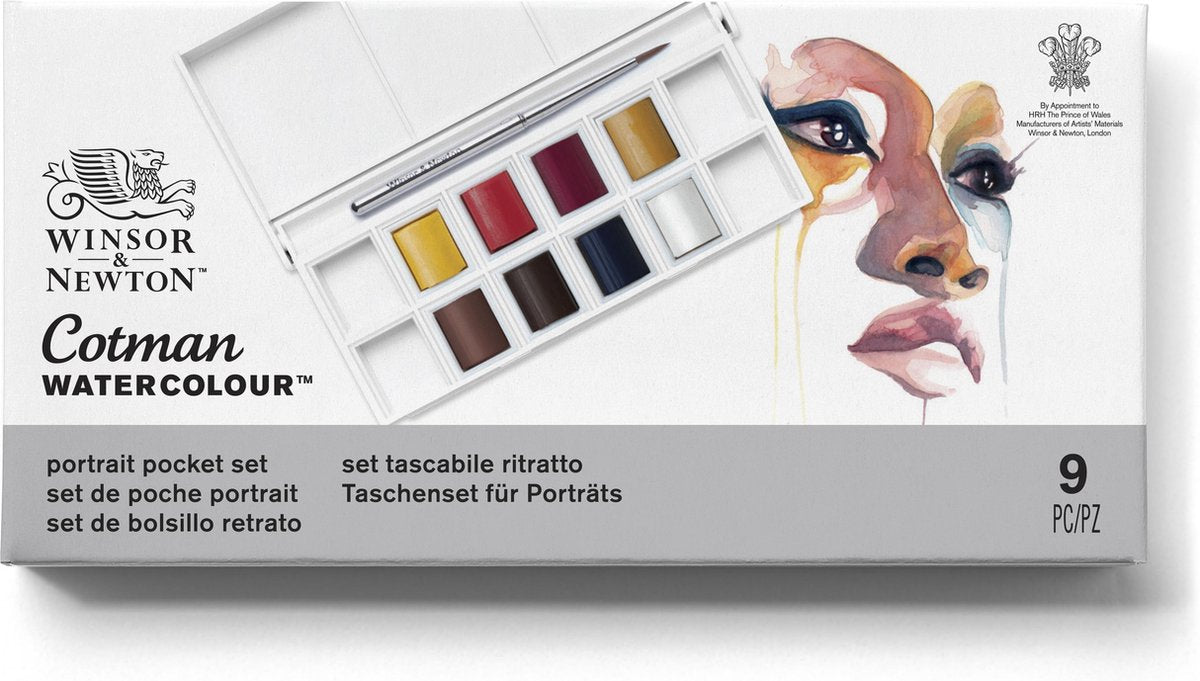 Winsor Newton 0390670 Cotman set de peinture aquarelle – set de poche portrait – 8 demi-godets d'aquarelle – palette d'aquarelle compacte avec pinceau
