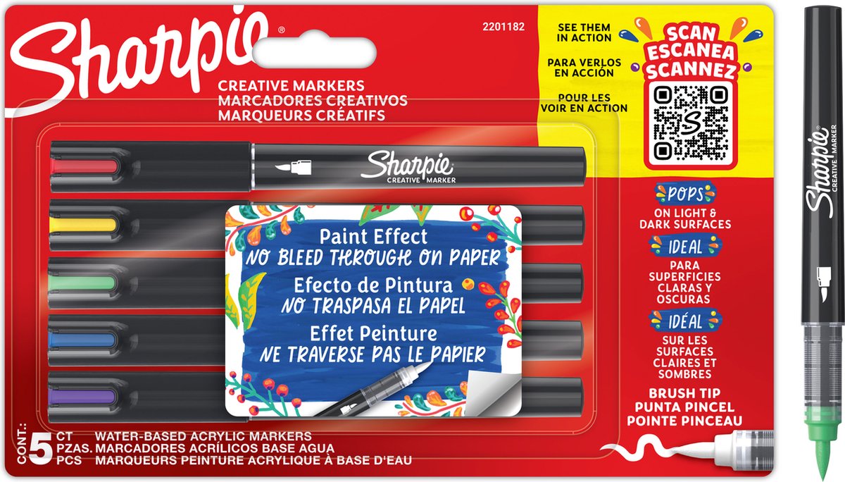 Marqueurs de peinture acrylique marqueur créatif Sharpie | pointe du pinceau | marqueurs à peinture à l'eau | l'encre ne bave pas et convient à la plupart des surfaces | différentes couleurs | 5 pièces