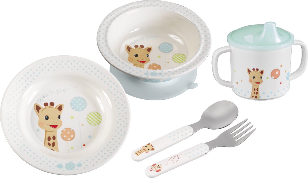 Coffret repas Sophie la girafe - vaisselle enfant - assiette enfant - gobelet - bol - couverts enfant - passe au lave-vaisselle - à partir de 6 mois - 5 pièces - beige bleu