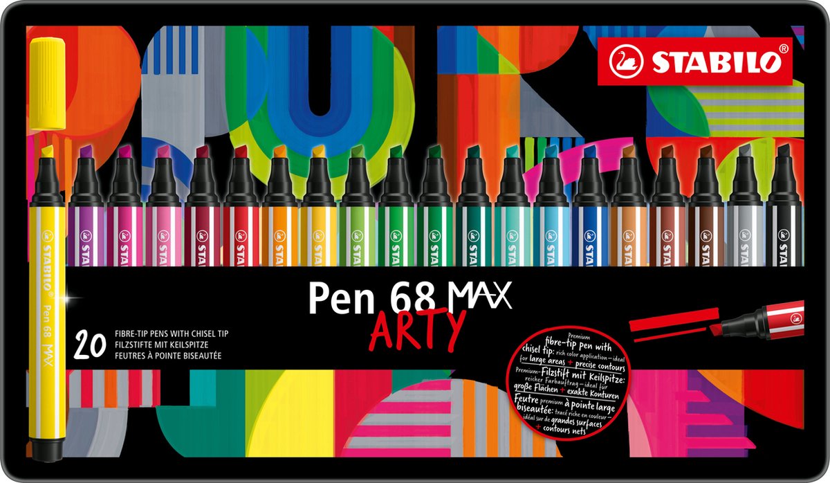 Stabilo pen 68 max arty - feutre à pointe biseautée épaisse - lot de 20 pièces