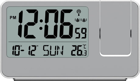 Technoline wt 534 - réveil - réveil à projection (180°) - numérique - rectangle - affichage de l'heure radio-piloté - 12 24h - affichage de la date - température intérieure - 12 24 - 2 alarmes - snooze - plastique - chiffres - argenté