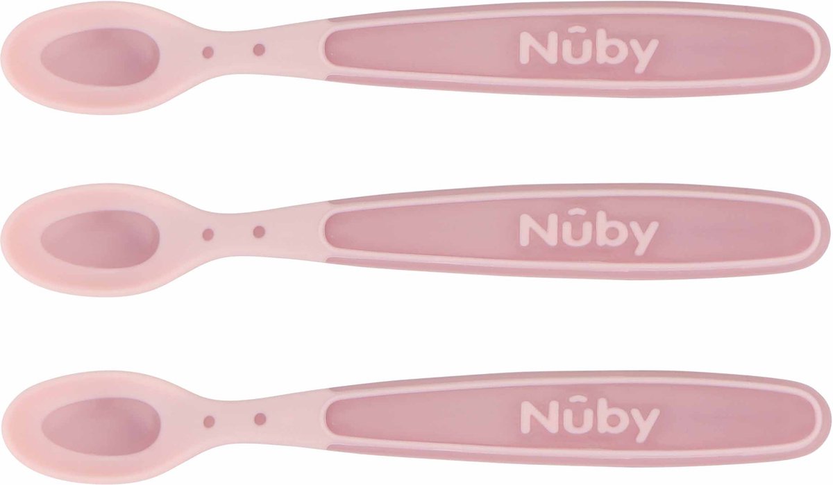 Nûby - cuillères douces et thermosensibles pour bébé - rose - 3 pièces - 3+ mois
