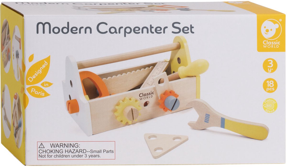 Classic World World Coffret de menuisier en bois avec boîte à outils, 18 pièces.