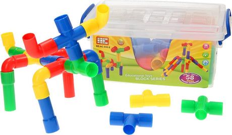 Jouets Lobbes, par exemple tubes de construction dans une boîte de rangement, 58 pcs