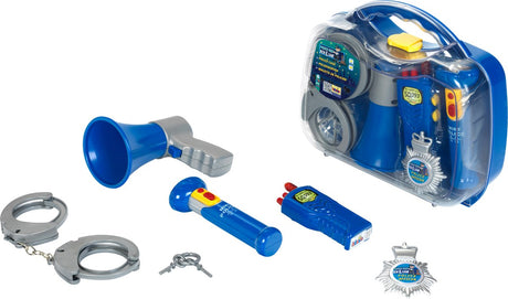 Valise de police Klein Toys - lampe de poche, talkie-walkie, mégaphone, menottes avec clé et insigne de police - incl. effets lumineux et sonores - bleu