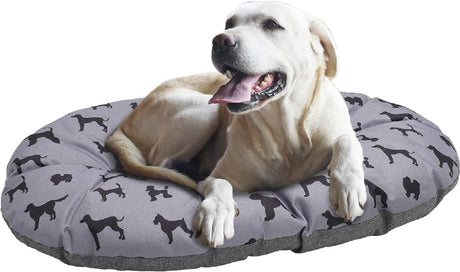Coussin pour chien en palissandre toutes saisons ovale imprimé chien gris