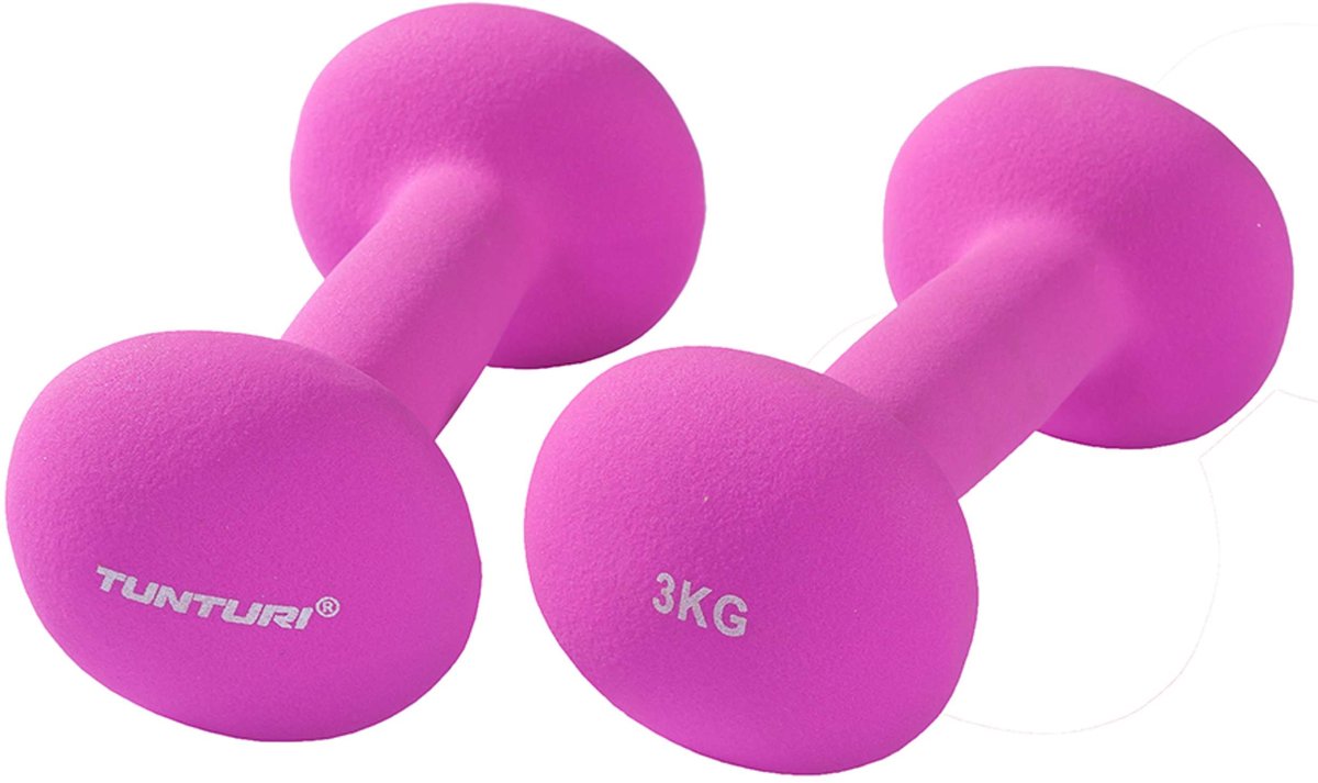 Tunturi dumbbell set - 2 x 3,0 kg - neopreen - fluor paars - incl. gratis fitness app