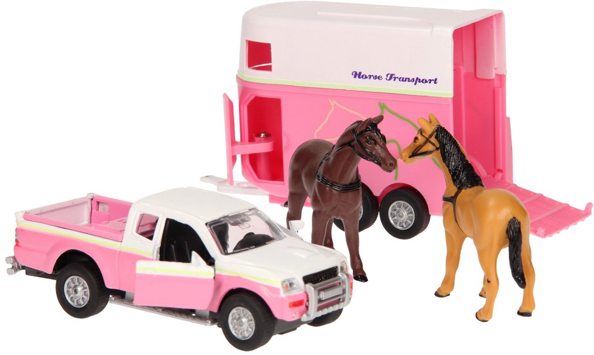 Globe terrestre pour enfants, voiture moulée sous pression avec remorque à chevaux rose, 1:32