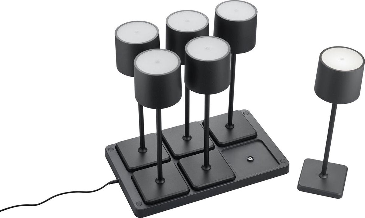 Rl vis ta lumière réalité fernandez - lampe de table - noir mat - incl. 1x smd 1,5w - lot de 6 - avec station de recharge - rechargeable - sans fil - éclairage extérieur - ip54