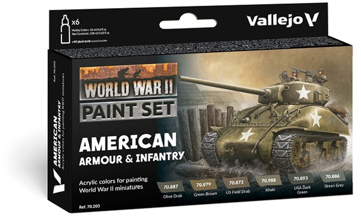 Peinture acrylique Vallejo Hobby Paint - Couleur du modèle 70203 - Ensemble de couleurs pour chars et infanterie américains de la Seconde Guerre mondiale - Ensemble acrylique - 6x ensemble de peinture - 6x 18 ml