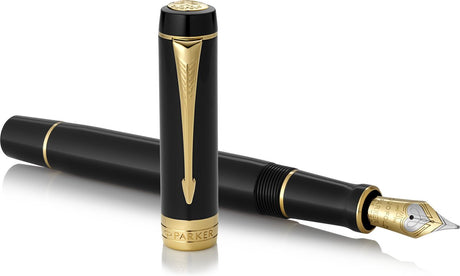 Stylo plume du centenaire Parker duofold | noir classique avec détails dorés | plume en or pur moyen | encre noire et convertisseur | coffret cadeau haut de gamme