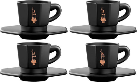 Service de tasses à expresso octogonales Bialetti – 4 tasses avec soucoupes – 75 ml – porcelaine noire mate avec détails dorés