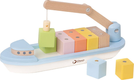 Bateau en bloc de bois Classic World World avec grue, 13 pcs.
