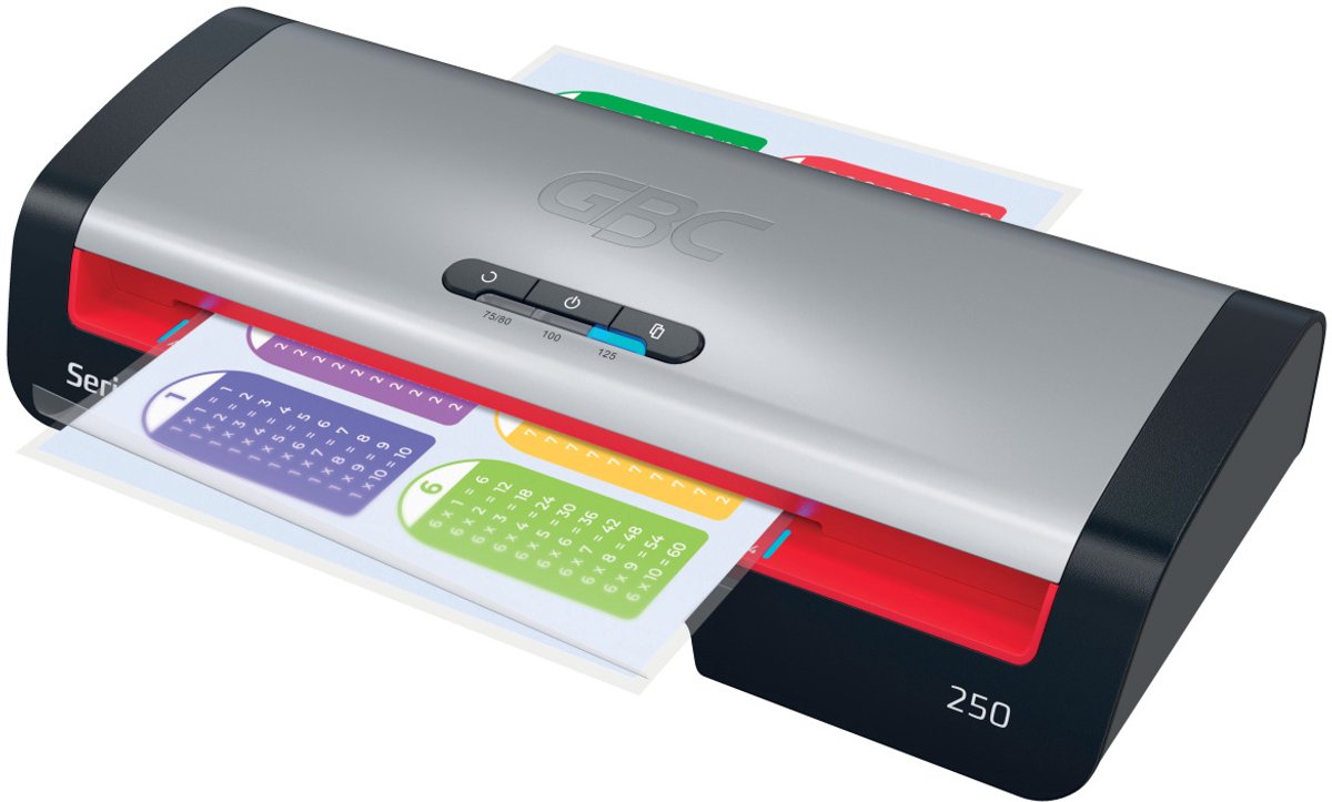 Machine à plastifier Gbc 250 office a4 - adaptée pour 75-125 microns - avec pack de démarrage de pochettes de plastification - argent noir rouge