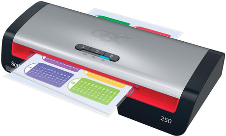 Machine à plastifier Gbc 250 office a4 - adaptée pour 75-125 microns - avec pack de démarrage de pochettes de plastification - argent noir rouge