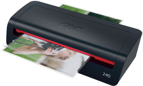 Machine à plastifier A4 Gbc 240 Home Office - adaptée pour 75-125 microns - avec pack de démarrage de pochettes de plastification - noir rouge