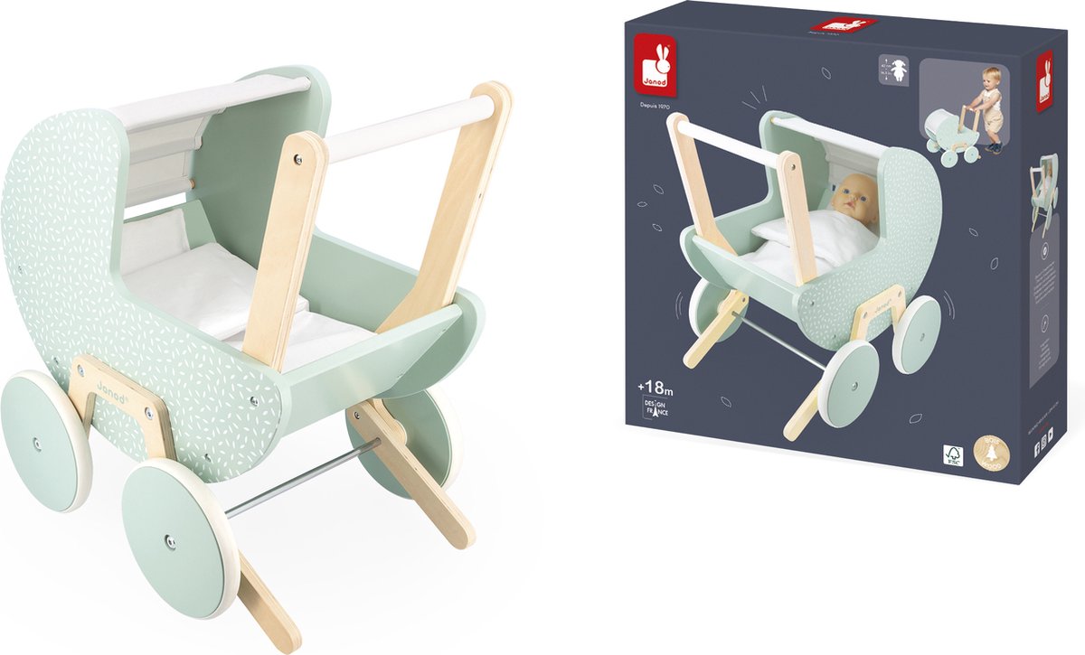 Janod - zen - landau pour poupée - landau pour poupée en bois pour poupées jusqu'à 42 cm