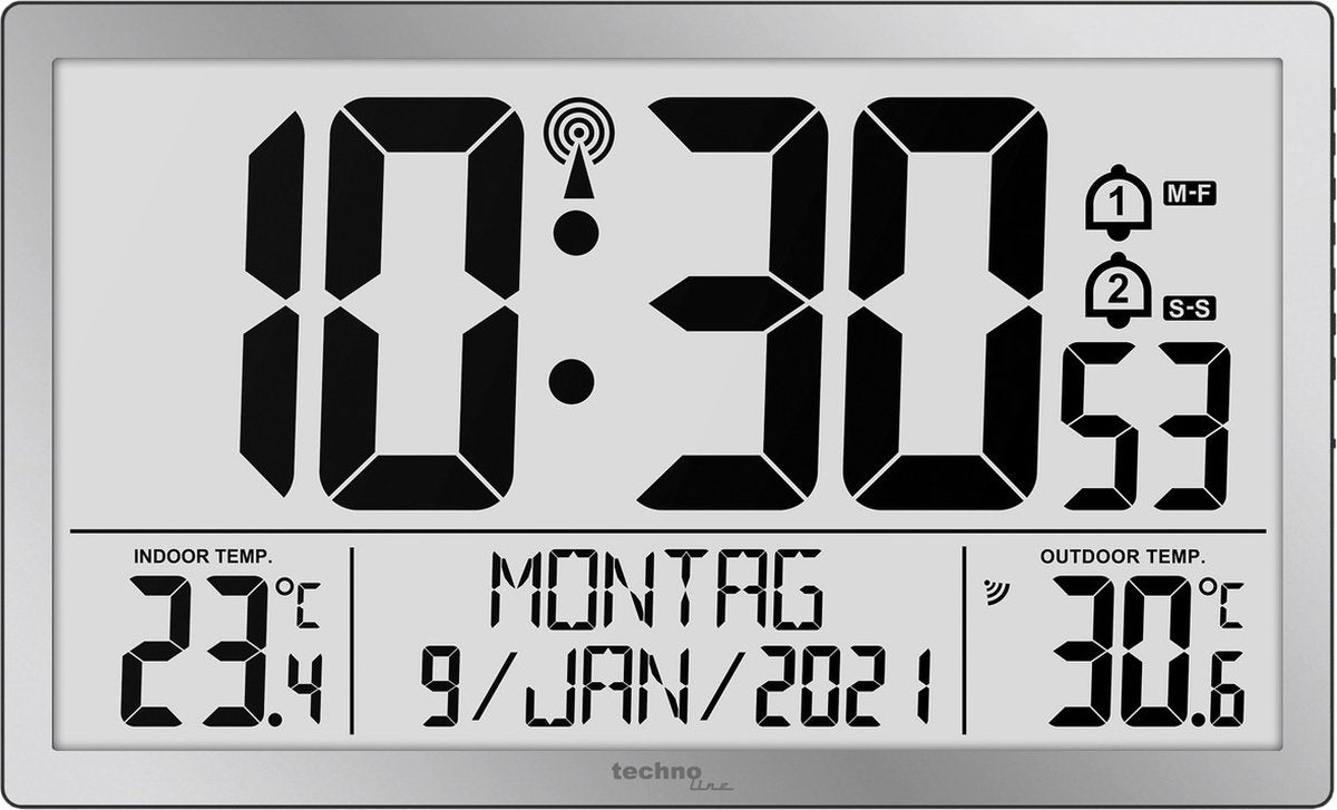 Technoline ws 8113 - horloge murale - numérique - rectangle - affichage de l'heure et manuel radiocommandés - 12 24 - affichage de la date - 7 langues - température intérieure et extérieure - 2 alarmes - snooze - plastique - chiffres - argenté