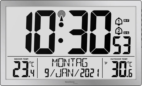 Technoline ws 8113 - horloge murale - numérique - rectangle - affichage de l'heure et manuel radiocommandés - 12 24 - affichage de la date - 7 langues - température intérieure et extérieure - 2 alarmes - snooze - plastique - chiffres - argenté