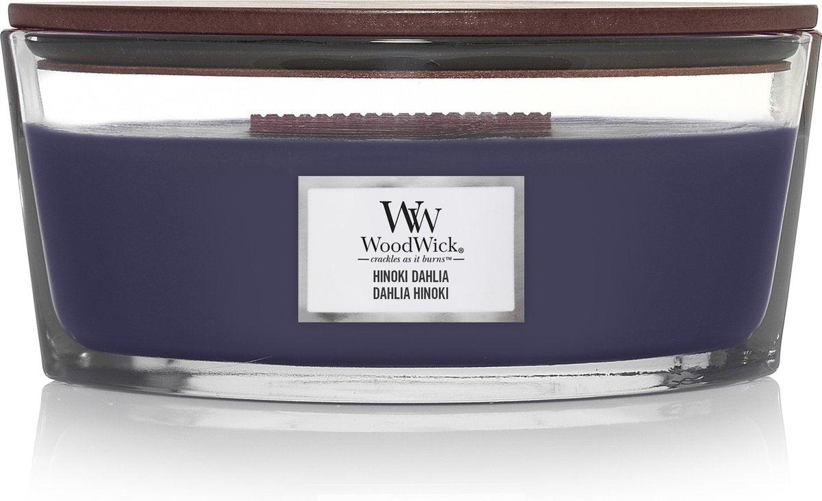 Bougie parfumée Woodwick Heartwick Flame Ellipse - Hinoki Dahlia - 50 heures de combustion