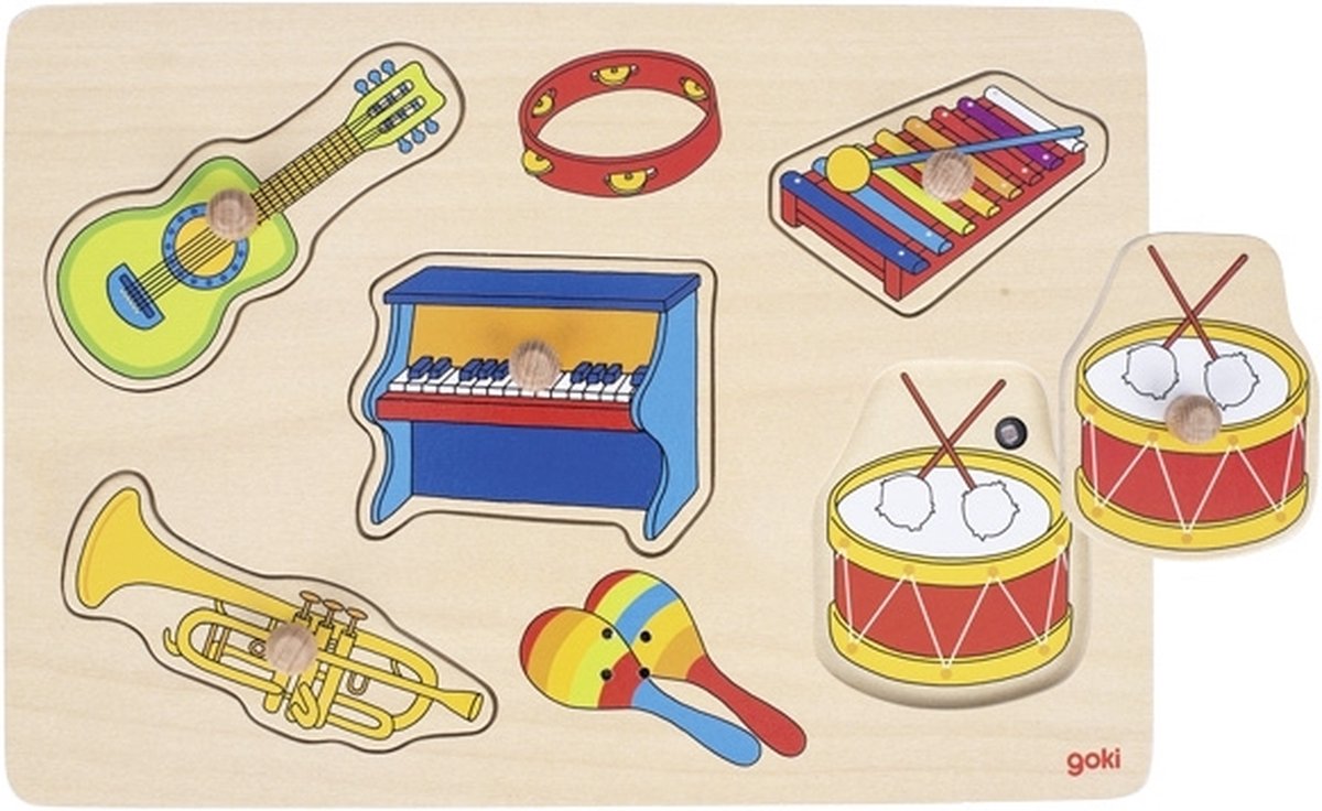Puzzle Goki avec son : instruments de musique 30x21x3,4cm, avec instruments sonores, 5 pièces, bois, piles incluses 2xaaa, 1+
