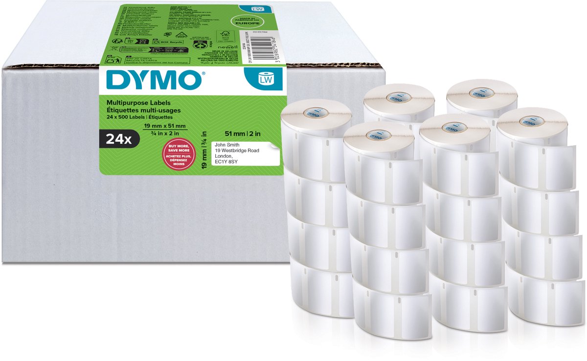 Dymo original petite étiqueteuse étiquettes polyvalentes | 19 mm x 51 mm | 24 avec 500 étiquettes chacune (12 000 étiquettes autocollantes) | étiquettes faciles à retirer | pour imprimantes d'étiquettes labelwriter