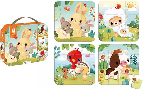 Janod - puzzle en carton - 4 puzzles la ferme 6, 9, 12 et 16 pièces