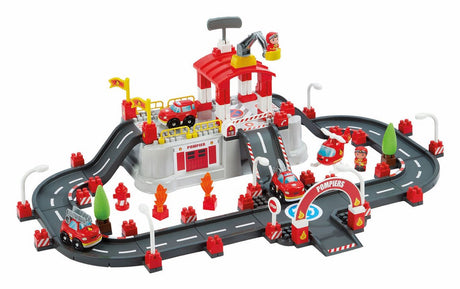 Abrick ecoiffier set de construction - tonneau de jeu des pompiers avec couvercle comme base de jeu - accessoires pour mini ville - à partir de 18 mois - 117 pièces.