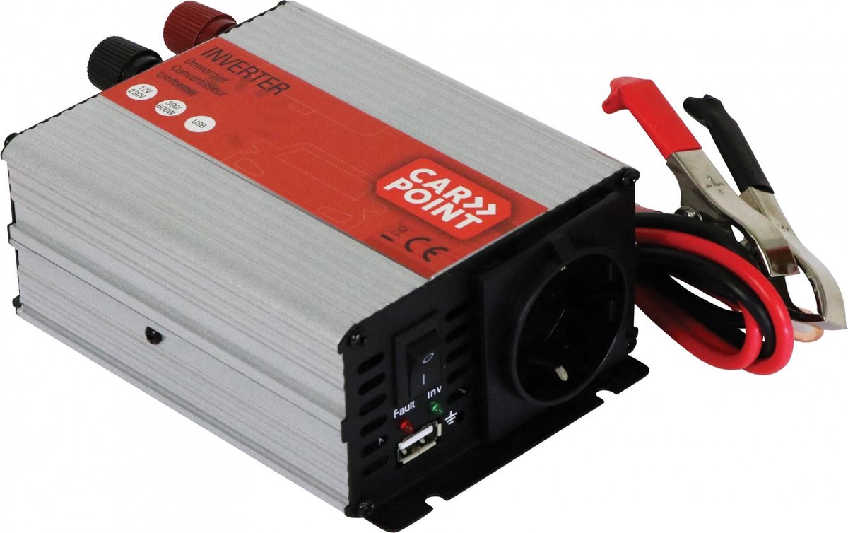 Carpoint omvormer 12v naar 230v – 600w 1200w piek – met usb – accuklemmen – beveiligd – compact