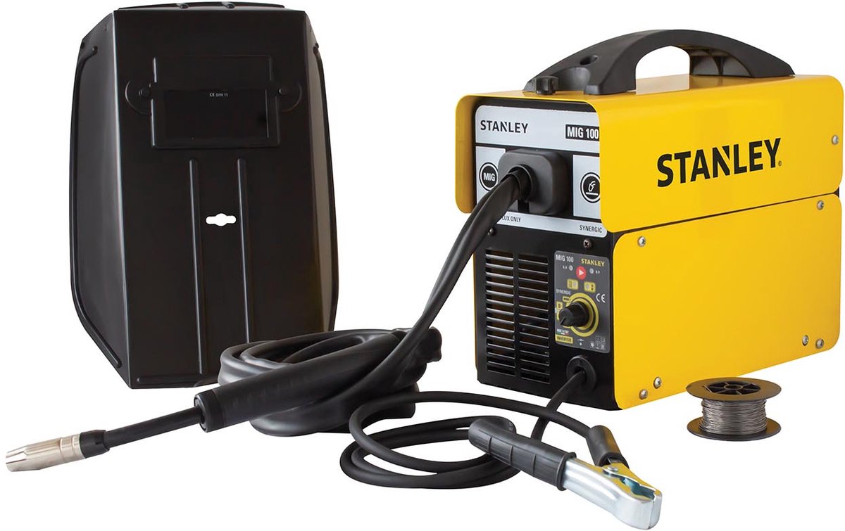 Poste à souder inverseur Stanley mig 100 230v sans gaz, fil fourré 0,8-0,9 mm, fonction synergie pour soudage sans projections, rapport cyclique 60% à 100a, léger 5 kg, économe en énergie et convivial