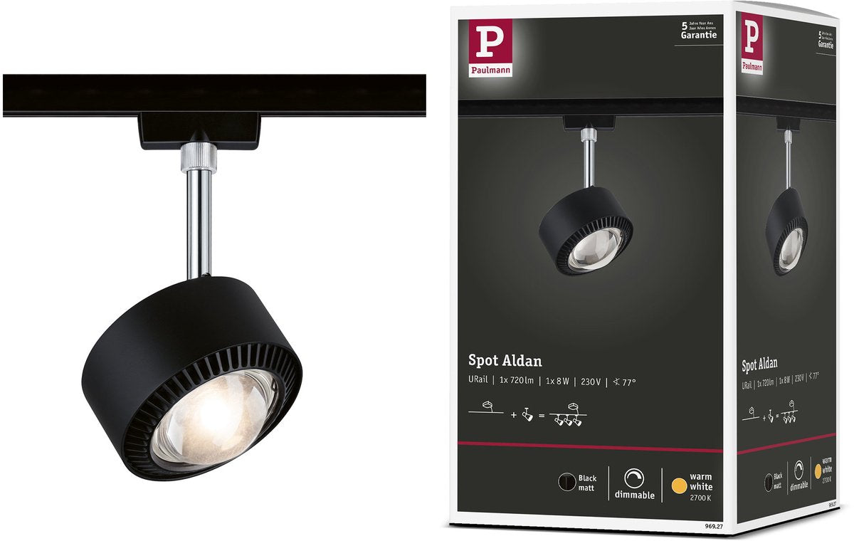 Paulmann urail rail spot aldan spot séparé 498lm 8w 2700k dimmable 230v noir mat