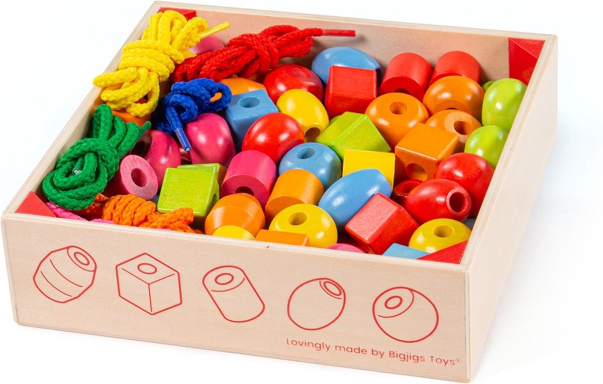 Perles colorées en bois Bigjigs, 95 pcs.