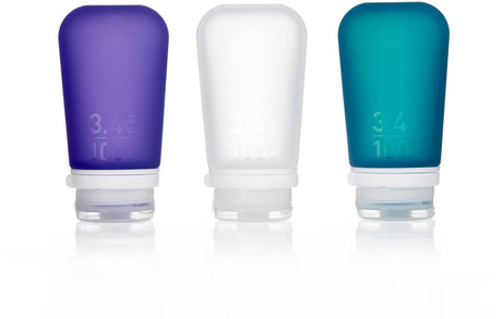 Human gear - gotoob+ 3-pack - travel bottle - flask - leak-proof - reusable - lightweight - large -100ml - clear purple teal