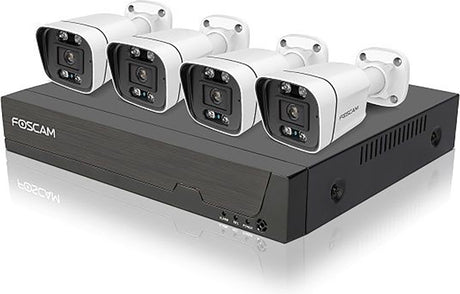 Système de sécurité poe Foscam fn9108e-b4-2t – kit nvr 8 canaux 5mp avec 4 caméras bullet – détection de personnes et de véhicules – vision nocturne – h.264+ – plug play – disque dur 2 To – noir