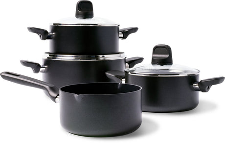 Greenpan Memphis set de poêles 7 pièces - 16 18 20 24 cm - 1,6 2,1 3,1 4,9 l - revêtement antiadhésif sans PFA - poêle à induction - poêle en céramique - passe au four jusqu'à 160°c - poignées froides - avec couvercle en verre - noir