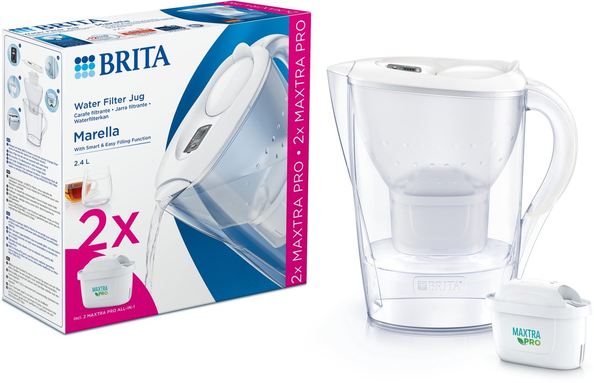 Brita - carafe filtrante - marella cool - 2,4l - blanc - incl. 2 cartouches filtrantes tout-en-1 maxtra pro - pack économique