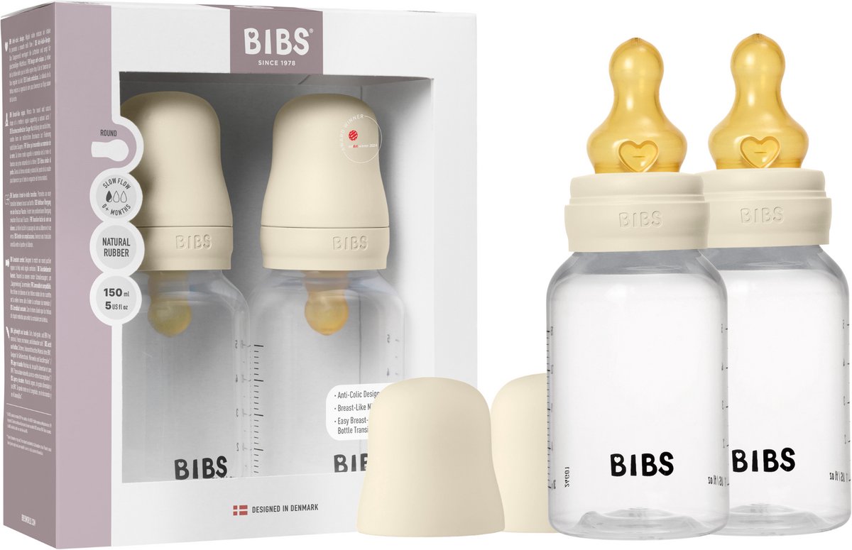Biberon Biberon 150 ml tétine en caoutchouc latex naturel pack 2 pièces - anti-colique, sans BPA, tétine ronde, débit lent, légère et facile à nettoyer, convient aux nouveau-nés à partir de 0 ans - ivoire