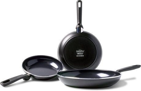 Greenpan Memphis set de poêles 3 pièces - 20 24 28 cm - revêtement antiadhésif sans PFA - set de poêles à induction - poêle en céramique - passe au four jusqu'à 160°c - poignées froides - noir
