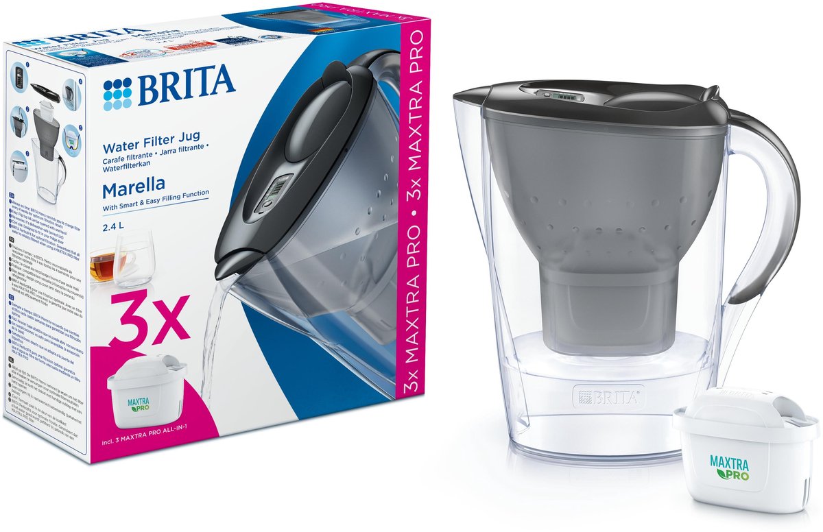 Brita - carafe filtrante - marella cool - 2,4l - gris - incl. 3 cartouches de filtre à eau tout-en-1 maxtra pro - pack économique