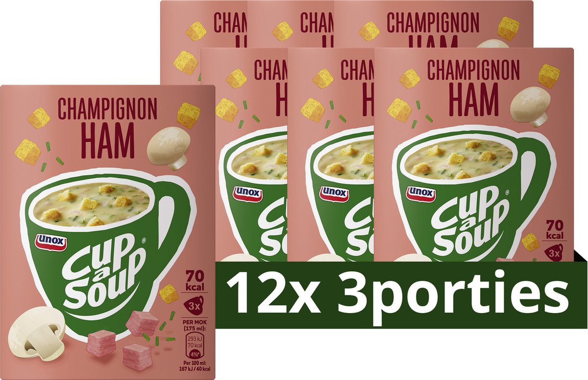 Unox cup-a-soup - jambon aux champignons - avec des dés de jambon tendres et des croûtons croustillants - 12 x 3 x 175 ml